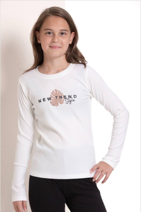 Детска блуза за момиче с дълъг ръкав, цвят екрю