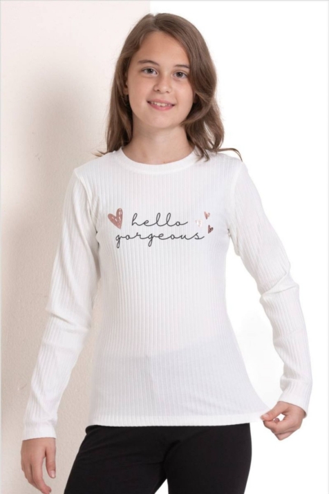 Детска блуза за момиче с дълъг ръкав, цвят екрю