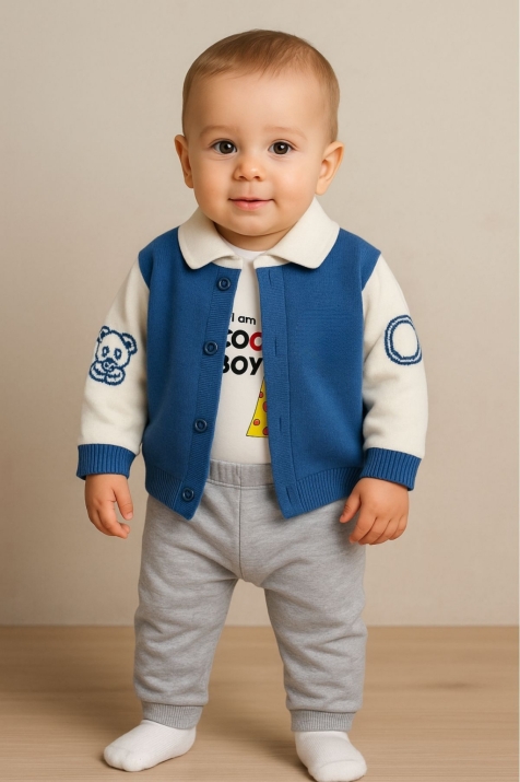 Бебешки комплект за момче дълъг ръкав 3 части, син цвят