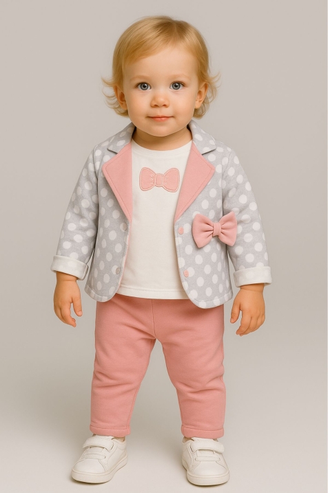 Бебешки комплект за момиче дълъг ръкав 3 части, тъмно розов цвят