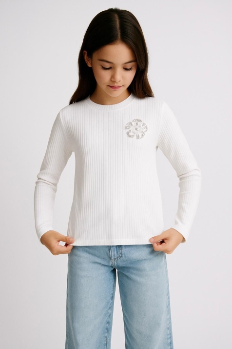 Детска блуза за момиче с дълъг ръкав, цвят екрю