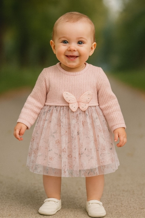 Детска рокля с дълъг ръкав, розов цвят