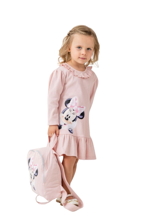 Детска рокля с дълъг ръкав и раничка, розов цвят