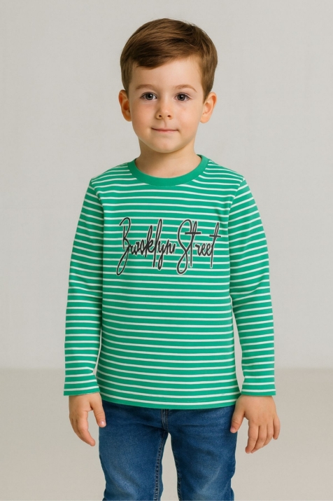 Детска блуза за момче дълъг с ръкав, в зелено и бяло райе