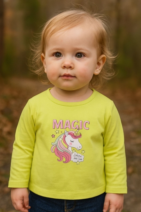 Бебешка блуза момиче дълъг ръкав с еднорог, зелен цвят