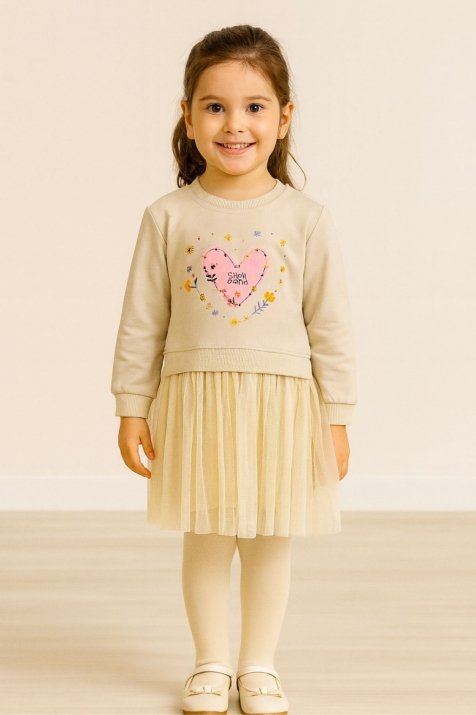 Детска рокля с дълъг ръкав, бежов цвят