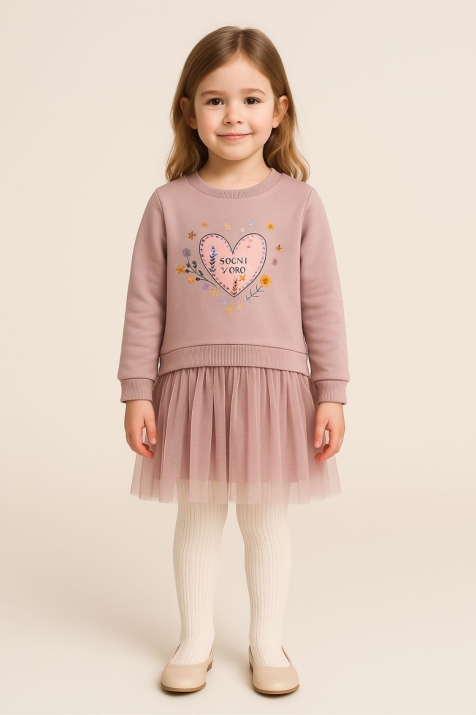 Детска рокля с дълъг ръкав, цвят пудра