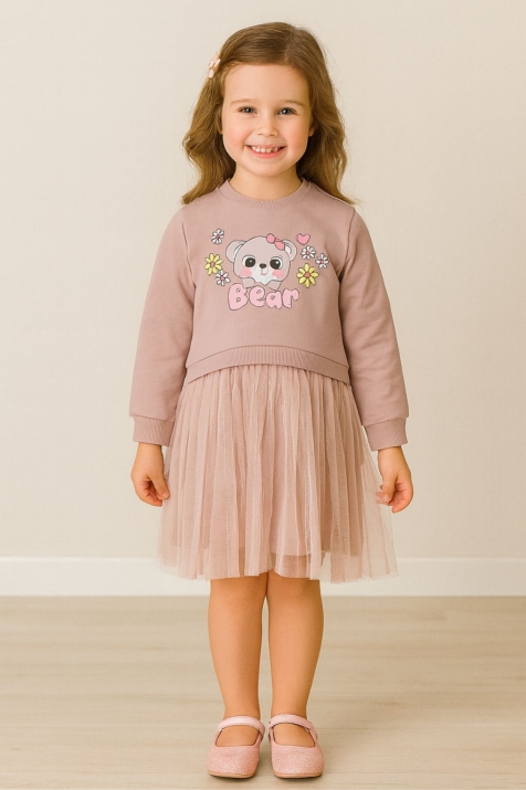 Детска рокля с дълъг ръкав, цвят пудра