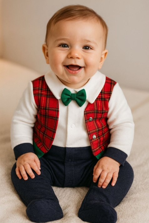 Детски гащеризон с дълъг ръкав Коледа, червен цвят