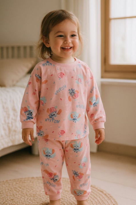 Детска пижама за момиче с дълъг ръкав, розов цвят   