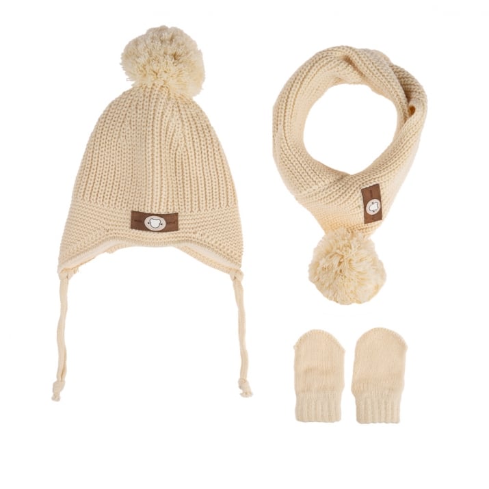 Бебешки комплект шапка, шал и ръкавици, цвят екрю