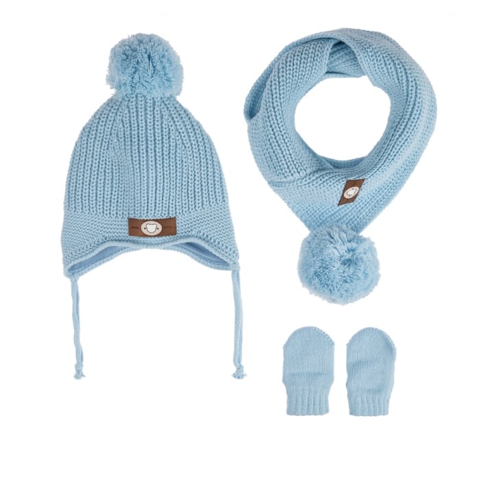 Бебешки комплект шапка, шал и ръкавици, син цвят