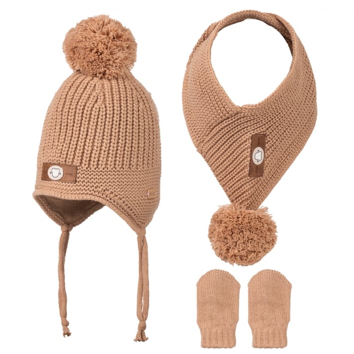 Бебешки комплект шапка, шал и ръкавици, кафяв цвят