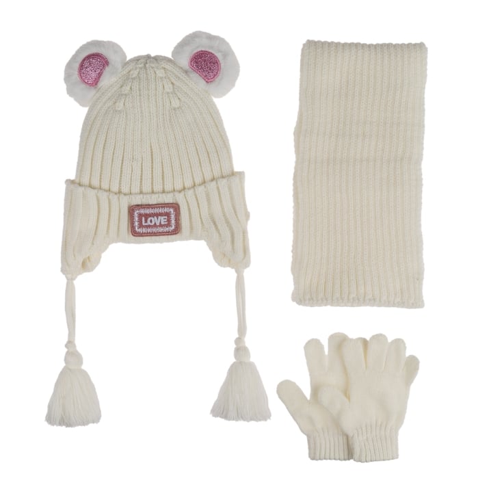 Детски комплект шапка, шал и ръкавици, бял цвят