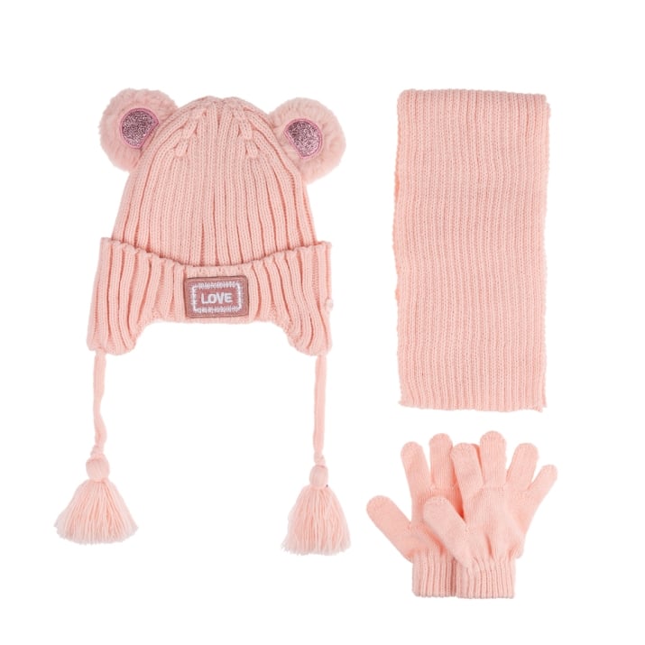 Детски комплект шапка, шал и ръкавици, светло розов цвят