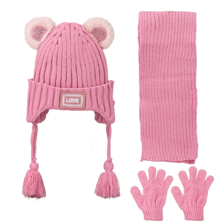 Детски комплект шапка, шал и ръкавици, розов цвят