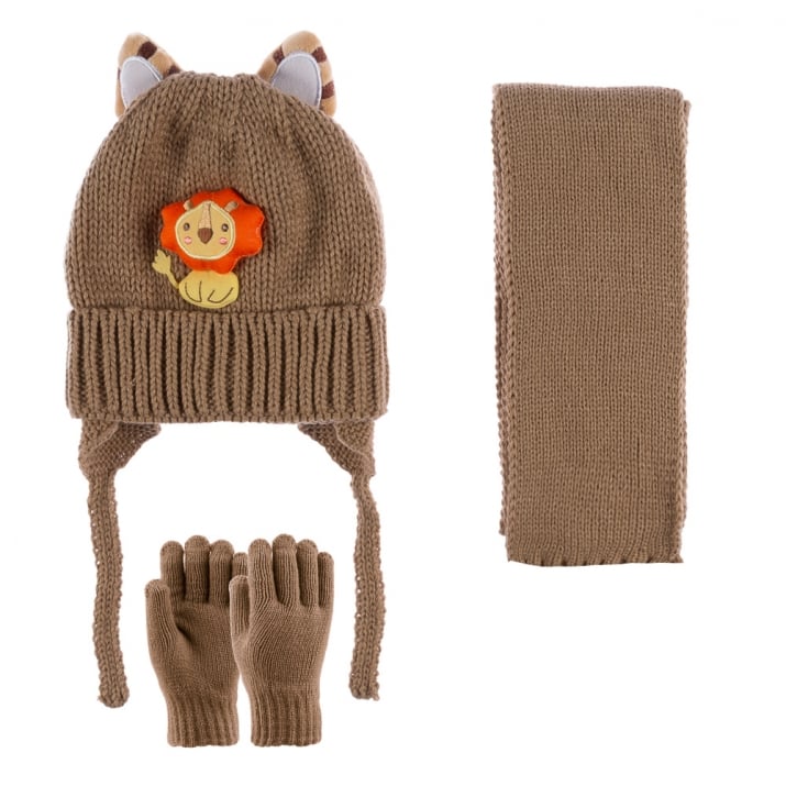 Детски комплект шапка, шал и ръкавици ,в кафяв цвят
