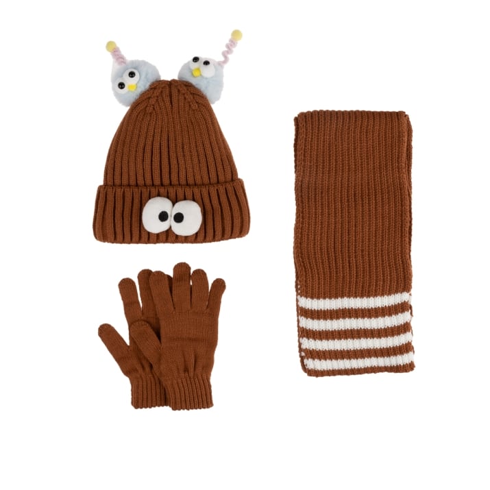 Детски комплект шапка, шал и ръкавици ,в кафяв цвят