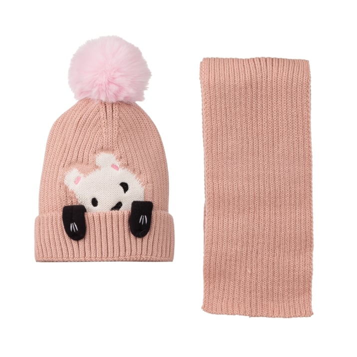 Детски комплект момиче шапка и шал, розов цвят