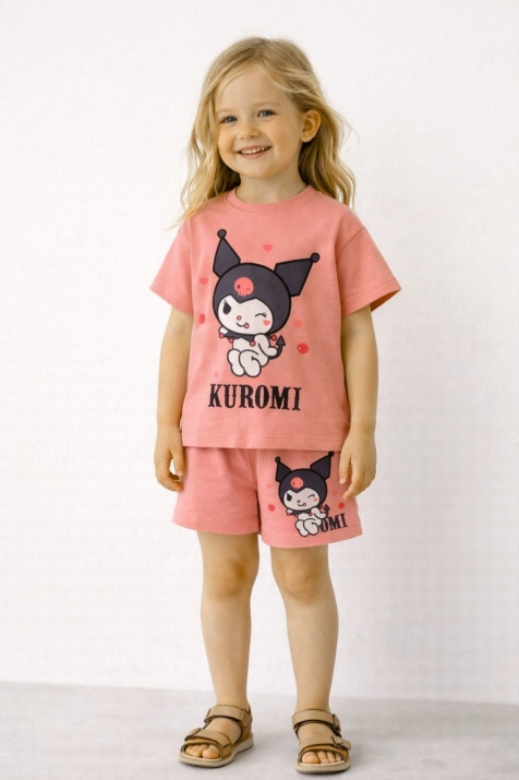 Детски комплект за момиче с къс ръкав, цвят корал