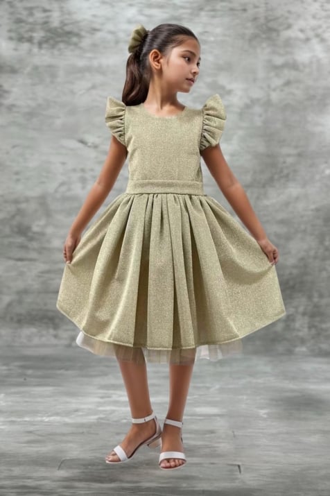 Детска официална рокля къс ръкав с фиба,златист цвят