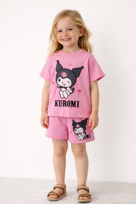 Детски комплект за момиче с къс ръкав, розов цвят