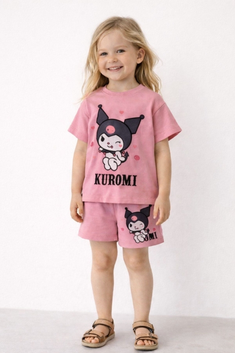 Детски комплект за момиче с къс ръкав, тъмно розов цвят