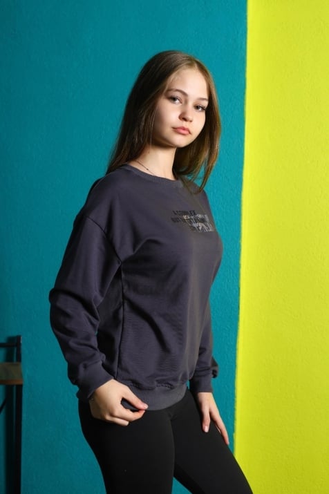 Детска блуза момиче с дълъг ръкав, тъмно сив цвят