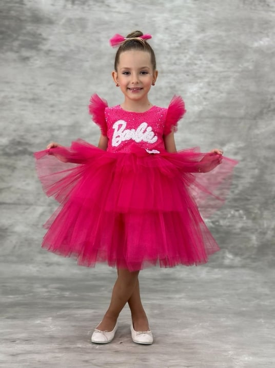 Детска официална рокля къс ръкав Barbie с фиба, цикламен цвят.