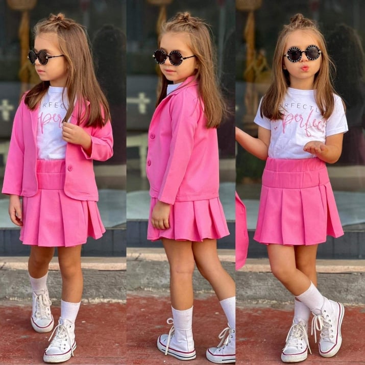 Детски комплект момиче дълъг ръкав 3 части, розов цвят