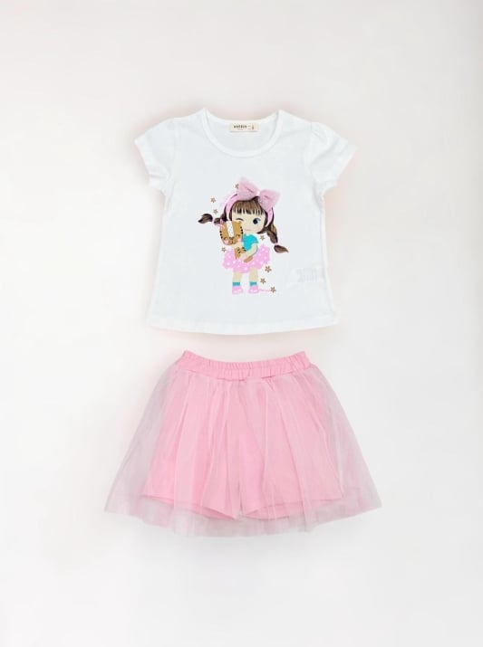 Детски комплект за момиче с къс ръкав, бял цвят