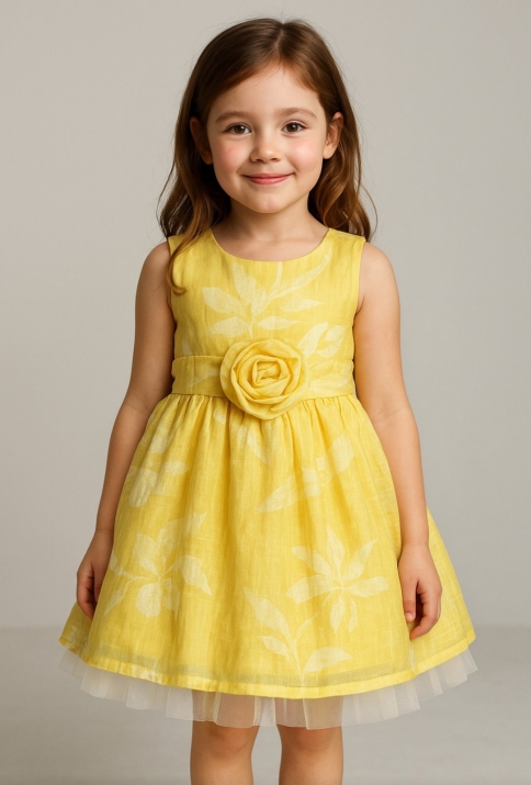 Детска ленена рокля без ръкави с тюл, жълт цвят