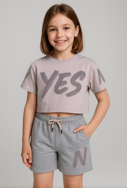 Детски комплект за момиче с къс ръкав, сив цвят