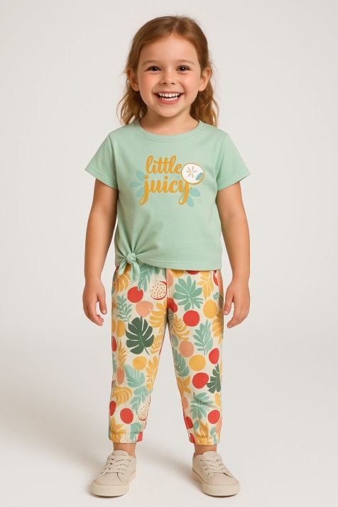 Детски комплект за момиче с къс ръкав, зелен цвят