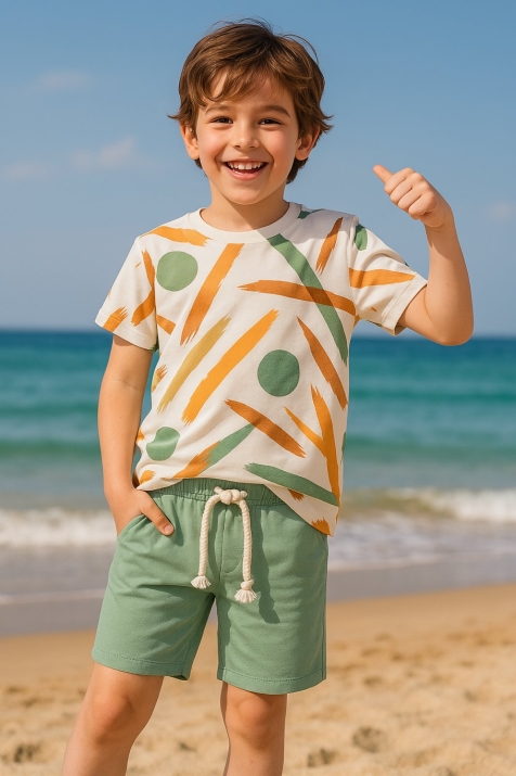 Детски комплект за момче с къс ръкав, зелен цвят