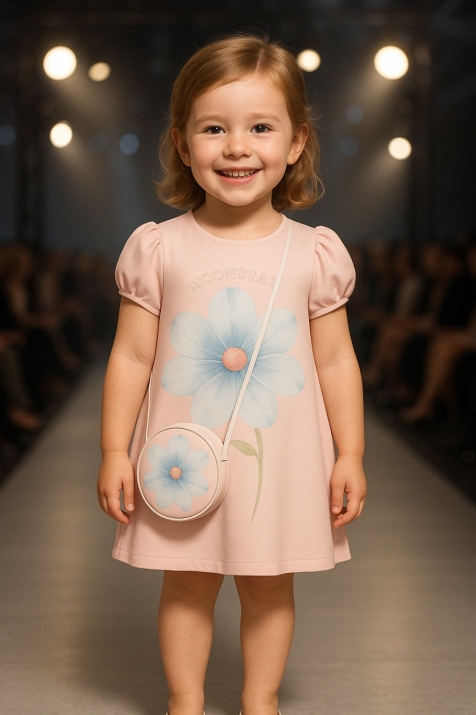 Детска рокля с къс ръкав с чантичка, розов цвят