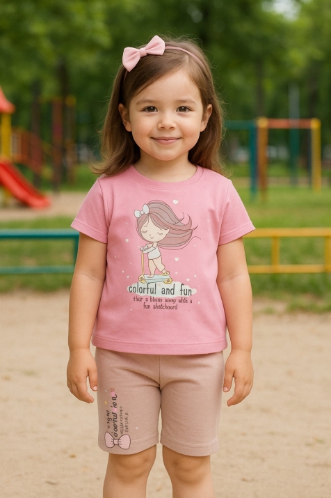 Детски комплект за момиче с къс ръкав, розов цвят