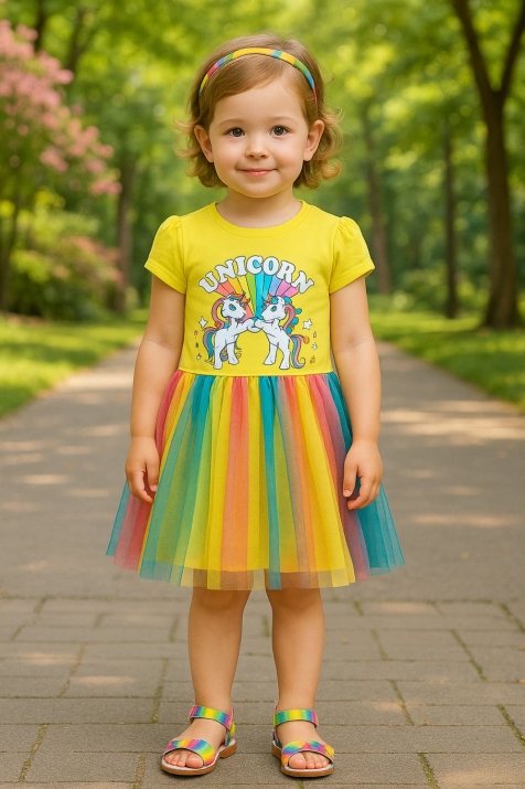 Детска рокля къс ръкав Еднорог, жълт цвят