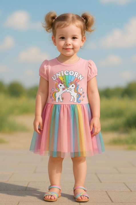 Детска рокля къс ръкав Еднорог, розов цвят