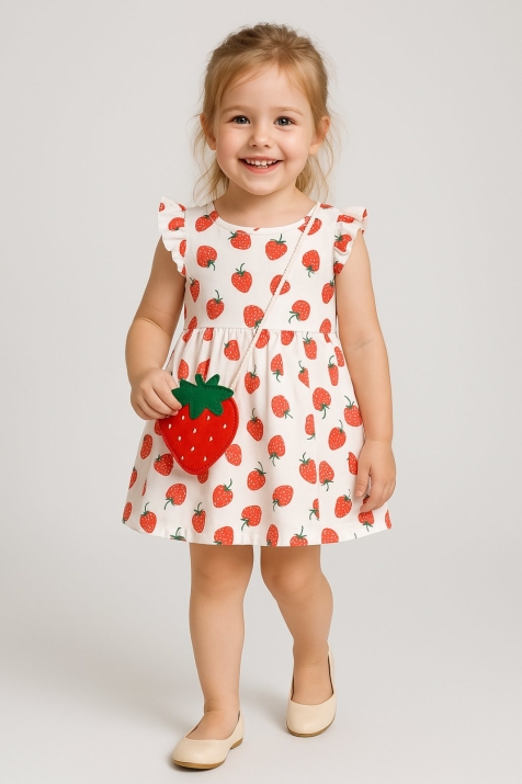 Детска рокля с чантичка, на ягодки