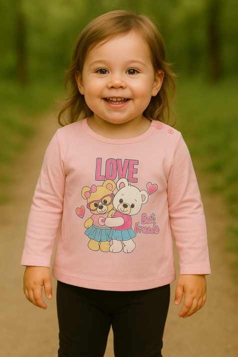 Детска блуза момиче дълъг ръкав с мечета, розов цвят