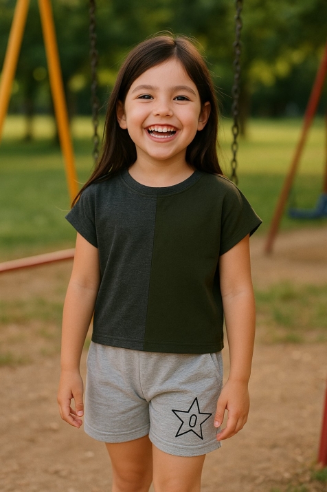 Детски комплект момиче къс ръкав със звезда, сив цвят