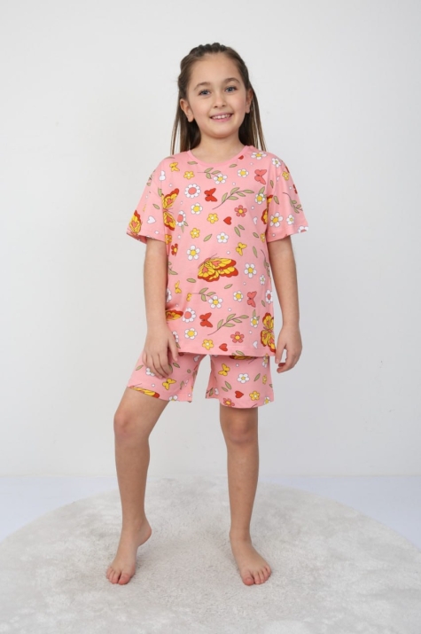Детска пижама за момиче с къс ръка, розов цвят