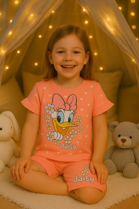  Детска пижама за момиче с къс ръкав, тъмно розов цвят  