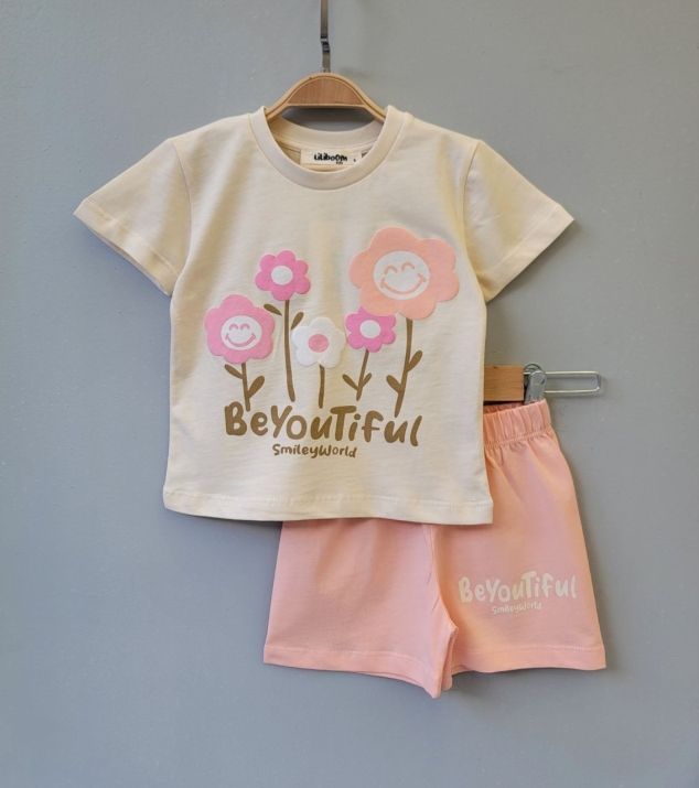 Детски комплект за момиче с къс ръкав, светло розов цвят    