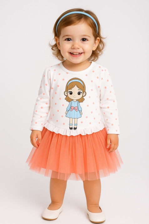 Детска рокля с дълъг ръкав, светло розов цвят