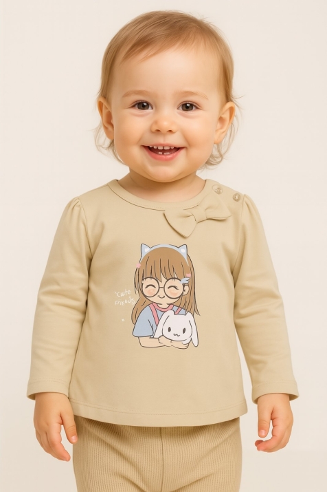 Детска блуза за момиче с дълъг ръкав, бежов цвят