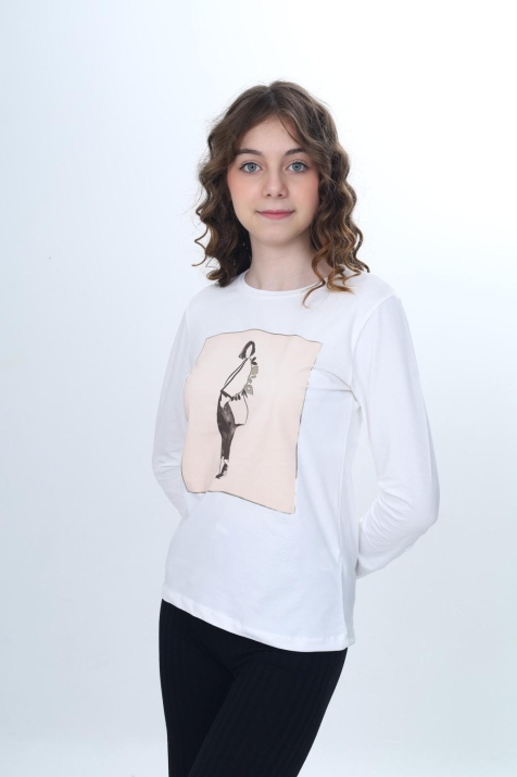 Детска блуза за момиче с дълъг ръкав, цвят екрю