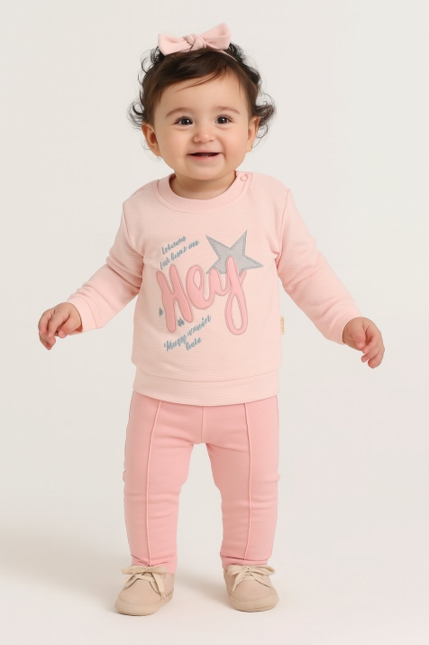Бебешки комплект за момиче дълъг ръкав, розов цвят  