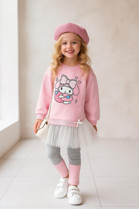 Детски комплект за момиче с дълъг ръкав, розов цвят